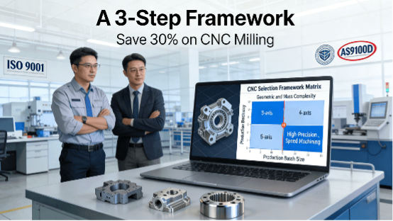 An engineer and a project manager in a modern industrial setting collaborate over a laptop displaying a 3D CAD model and a CNC process selection matrix, with both a failed and a successful machined part on the desk, visualizing a systematic decision framework to prevent cost traps.
