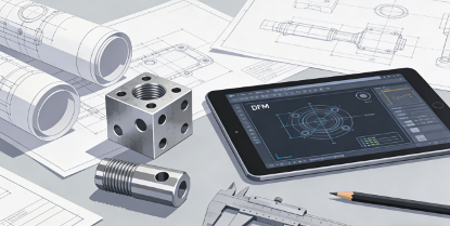 An infographic illustrating how Design for Manufacturability (DFM) acts as a bridge and control valve between product design and manufacturing, showing key benefits like reduced cost and time and improved first-pass rate.
